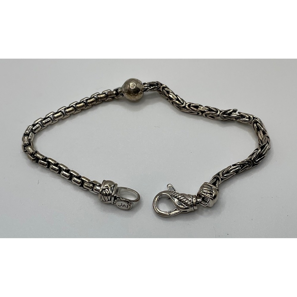 JAI Sterling Silver Byzantine and Box Chain Bracelet with Hammered Bead Average